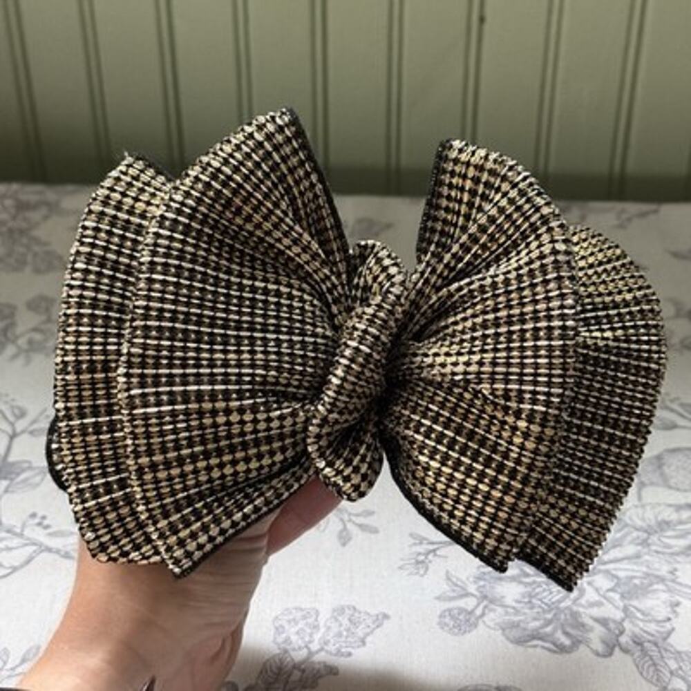 Vtg 80s 90s Large Hair Bow Clip Ribbon Gold Black Cottagecore Romantic Coquette